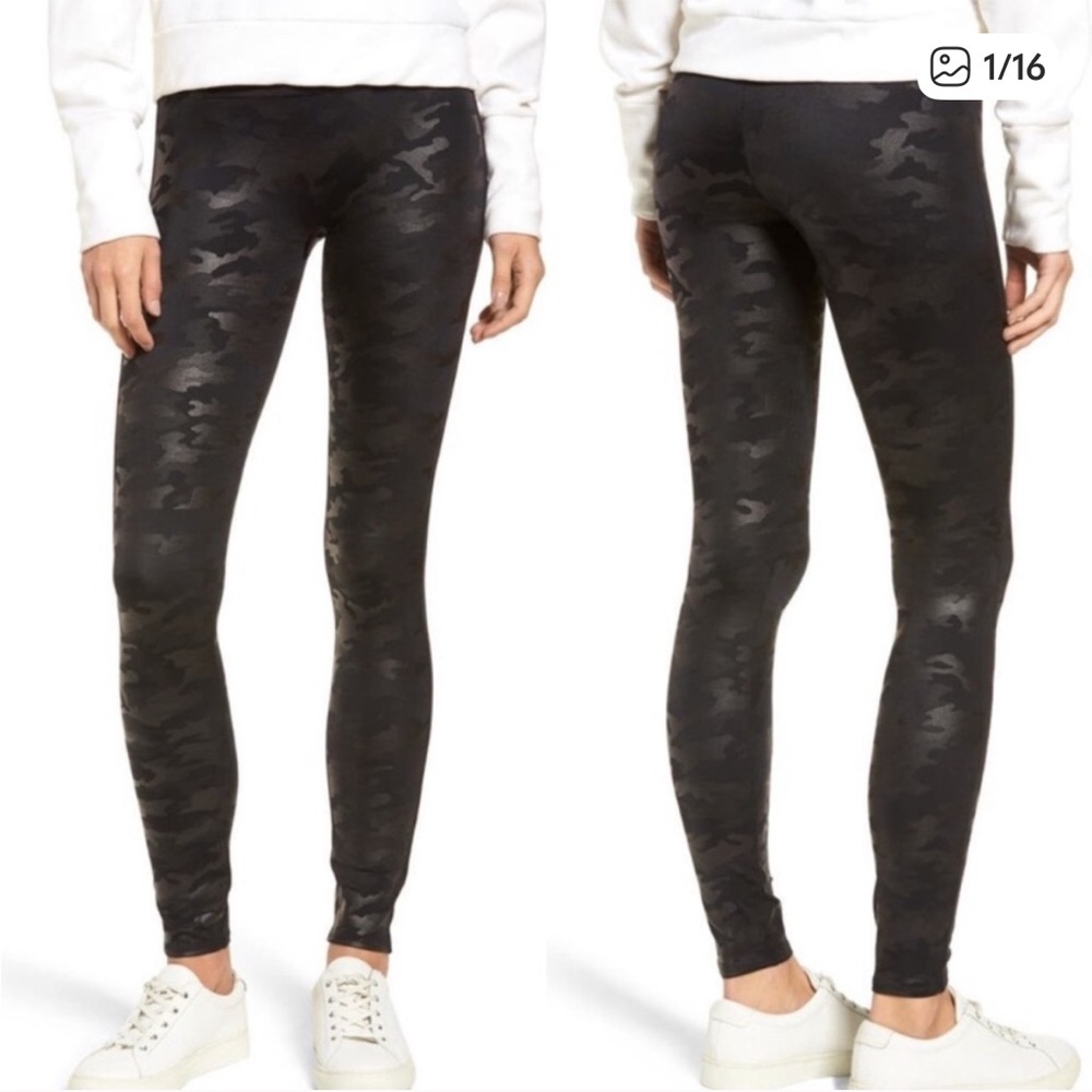 Spanx Black Faux Leather Shimmer Camouflage Shape Wear Leggings large